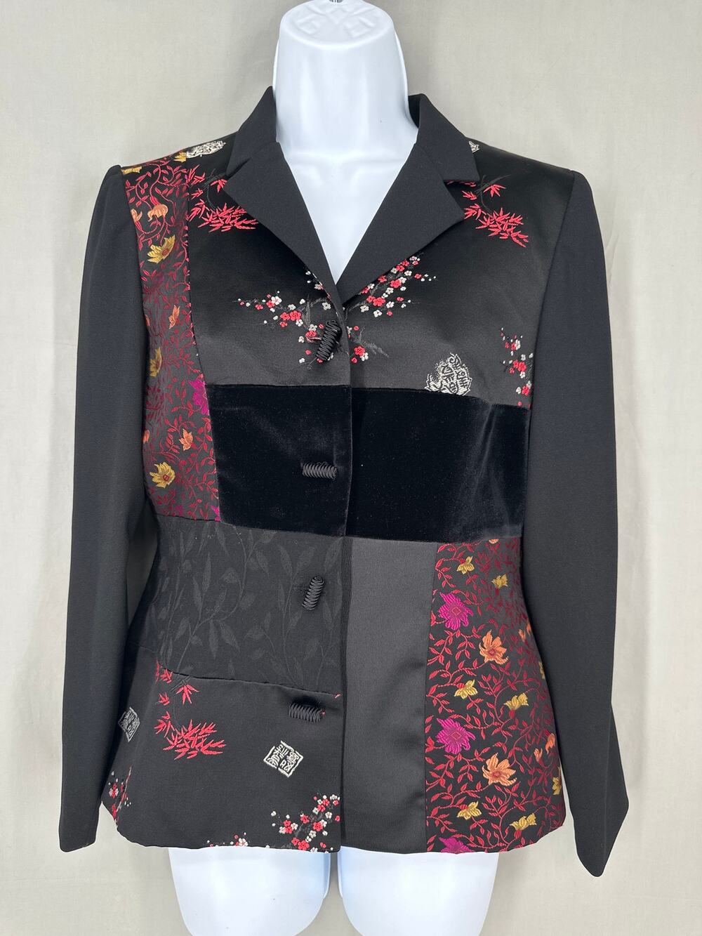 90s Vintage Jacket Womens XS Black Floral Patchwork Satin Velvet Whimsigoth Y2K